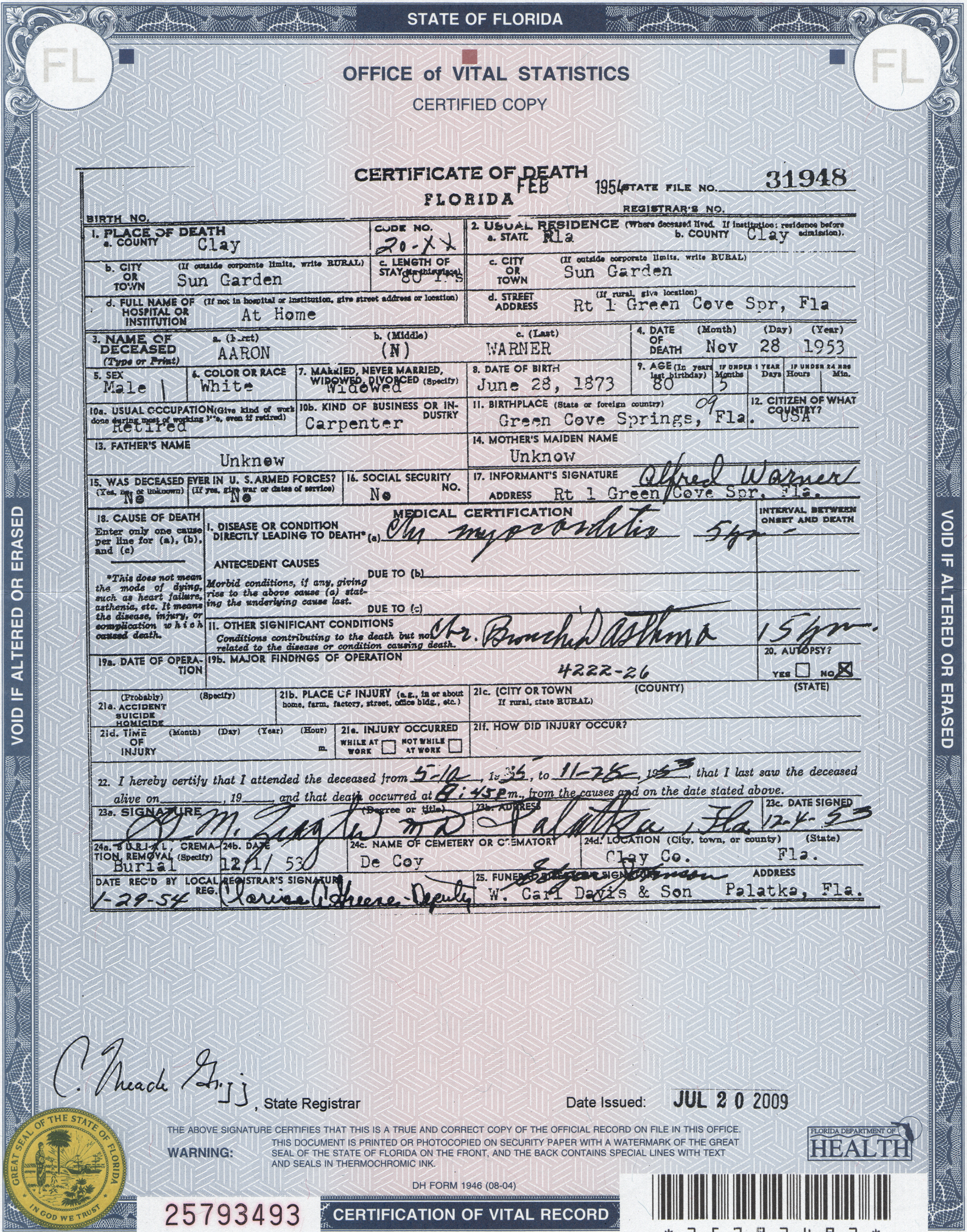 Documents: Aaron Warner Certificate of Death: RD Stone Family Genealogy